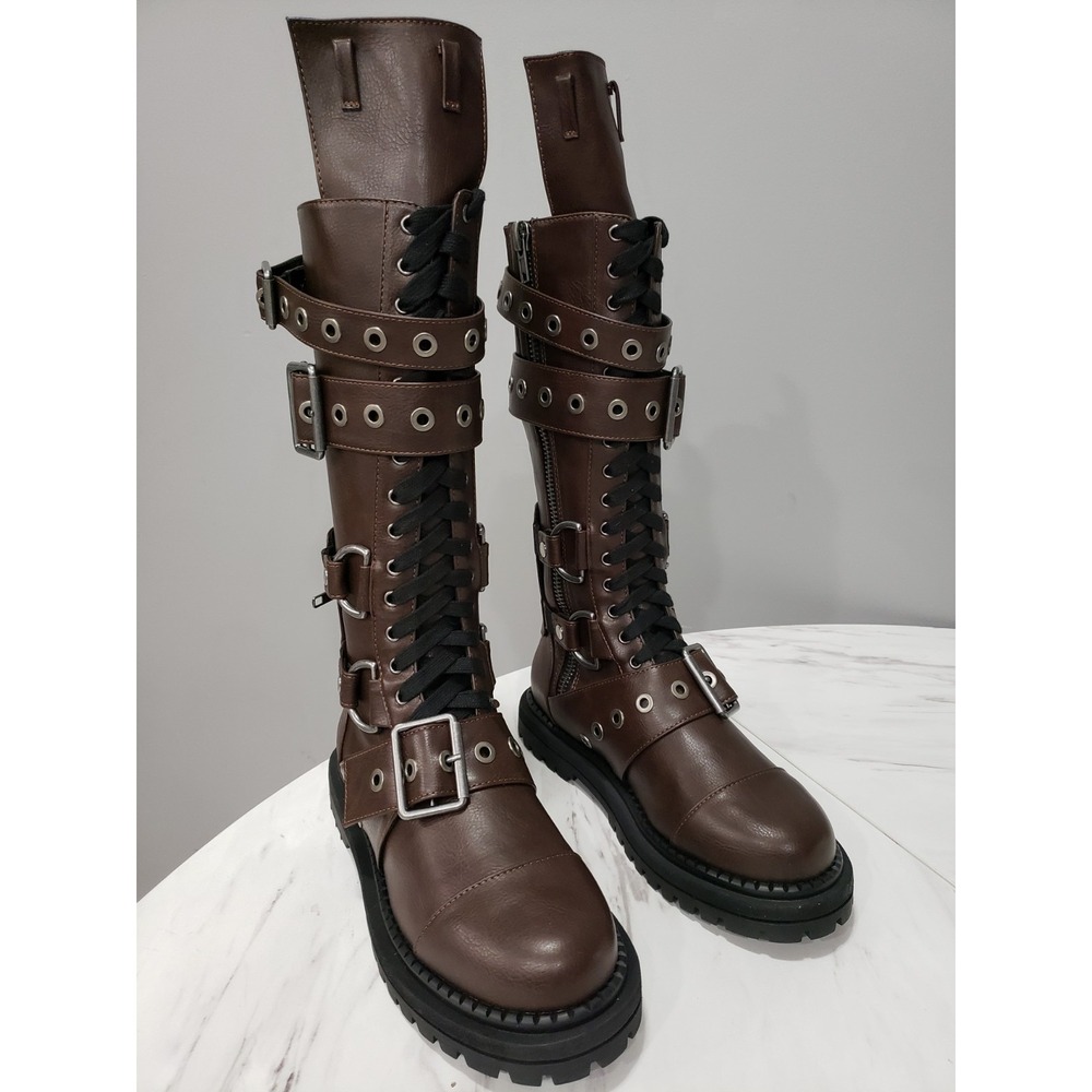 SIZE 9 Dolls Kill Club Exx COMBAT BOOTS STEAMPUNK cyberpunk gothic strappy brown